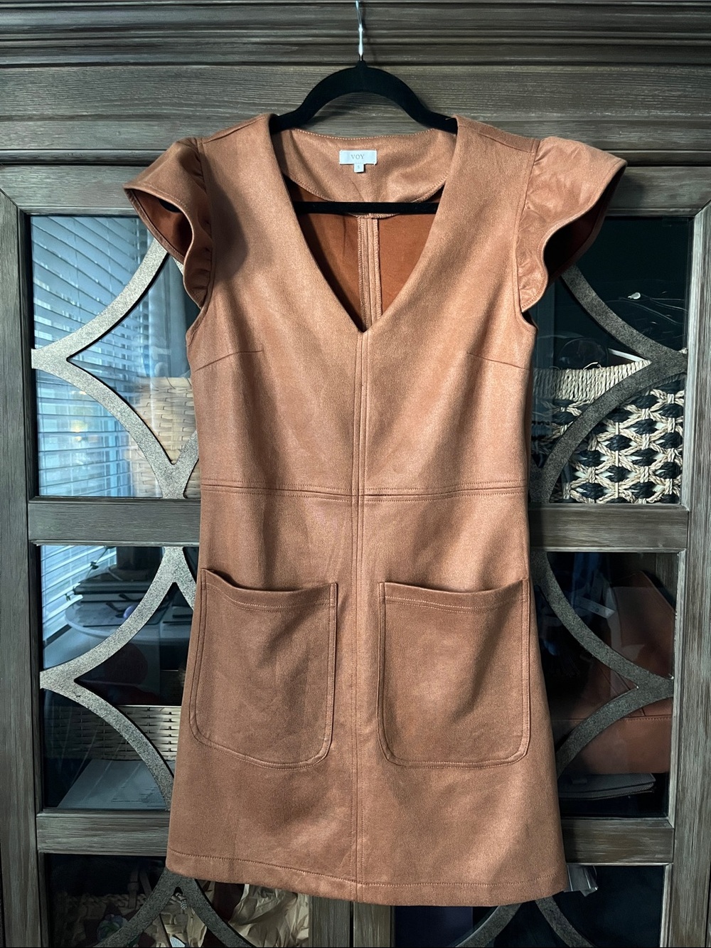 Rory Faux-Suede Mini Dress in Cognac with Flutter Sleeves